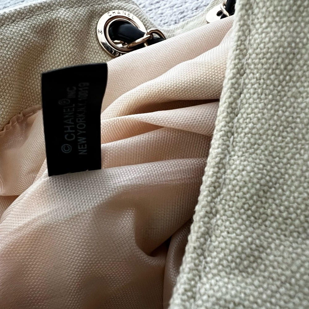 CHANEL Beige Canvas Tote with Black Logo and Chain-Strap Handles - Picture 3 of 3
